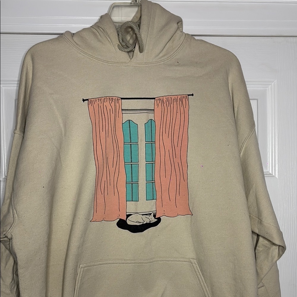 Cat Nap by the Window Beige Graphic Hoodie XL